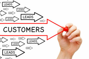 Red arrow that is labeled "customers" (b2b demand generation)