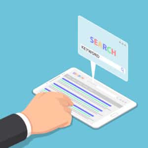 Isometric businessman hand use tablet to searching keyword on search engine (long-tail keywords)