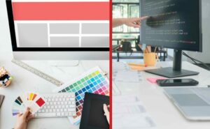 Monitor displaying web design aspects and a monitor display web development aspects (web development and design)