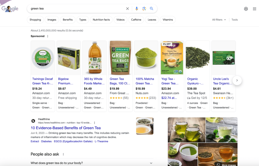 Search engine results for the query, "green tea."