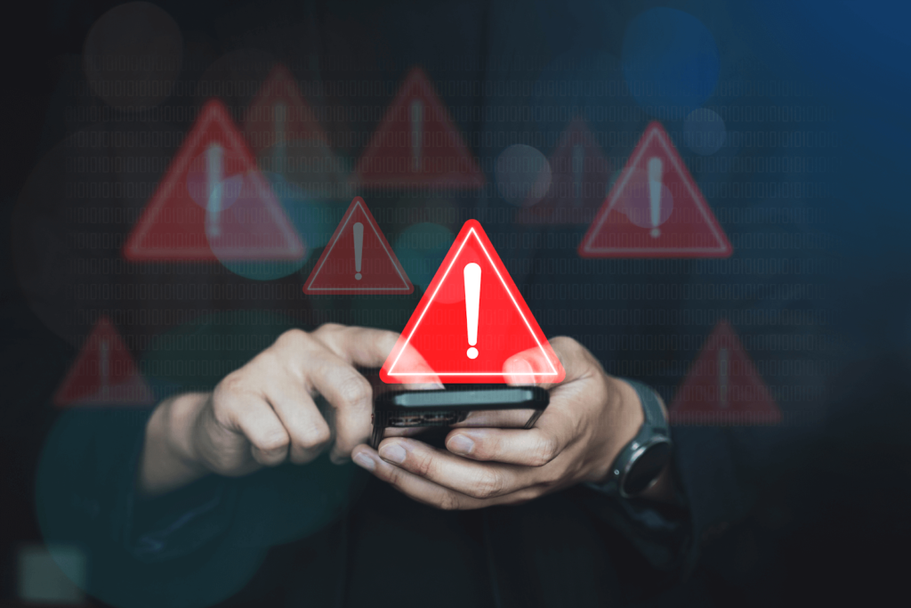 Caution sign in front of a person click on an ad from their phone