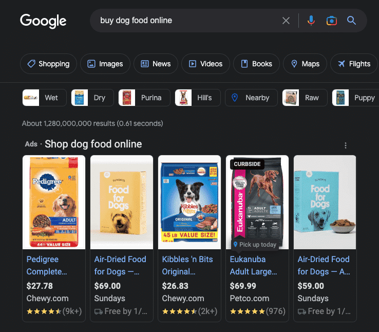 PPC ads on a Google search for "buy dog food online" for Pedigree, Kibbles-n-Bits, Eukanuba, etc.