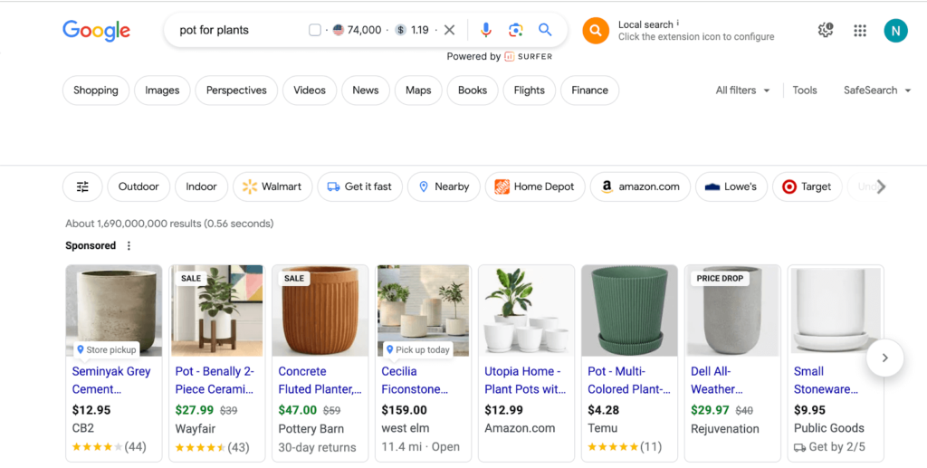 advertisements on Google search results for "pot for plants"