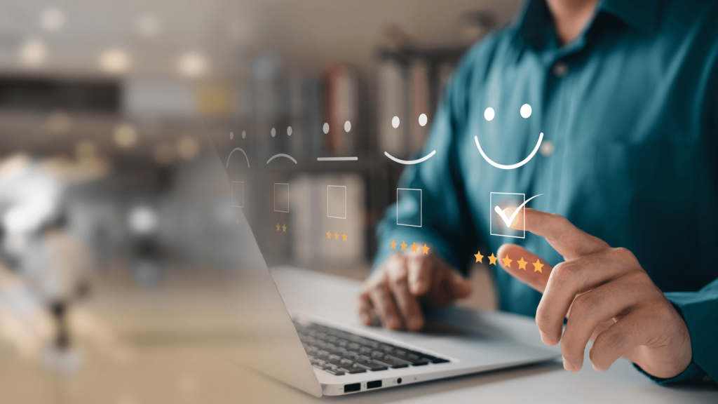 Abstract representation of a customer survey - a person tapping a floating checkbox with five stars underneath it, indication satisfaction with a purchase/experience