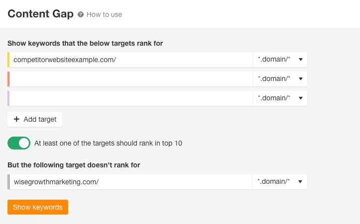 Ahrefs' content gap feature