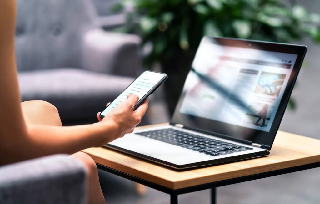 Worker checking mobile compatibility during QA testing