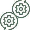 Two interlocking cogwheels inside circular arrows, symbolizing synchronization, process automation, or mechanism workflow. The icon is outlined with a thin green line, giving it a minimalistic and modern appearance.