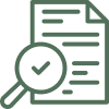 Icon of a document with text lines and a magnifying glass overlaid. The magnifying glass has a checkmark inside it, indicating that the document has been reviewed or approved. The image is in a green outline style.