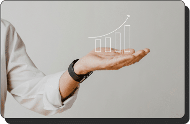 A person wearing a white shirt and a dark watch on their left wrist is holding out their hand. Over their hand, a white bar graph with an upward arrow is superimposed, symbolizing performance marketing growth through KPI tracking. The background is plain and light-colored.