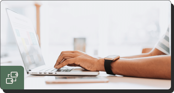 A person wearing a smartwatch reads about lead generation on a laptop at a bright workspace. The screen displays colorful icons and text.