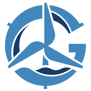 A blue logo featuring a stylized wind turbine inside a circular shape, with abstract elements and a large letter "G" incorporated into the design. The logo has a modern and dynamic appearance.