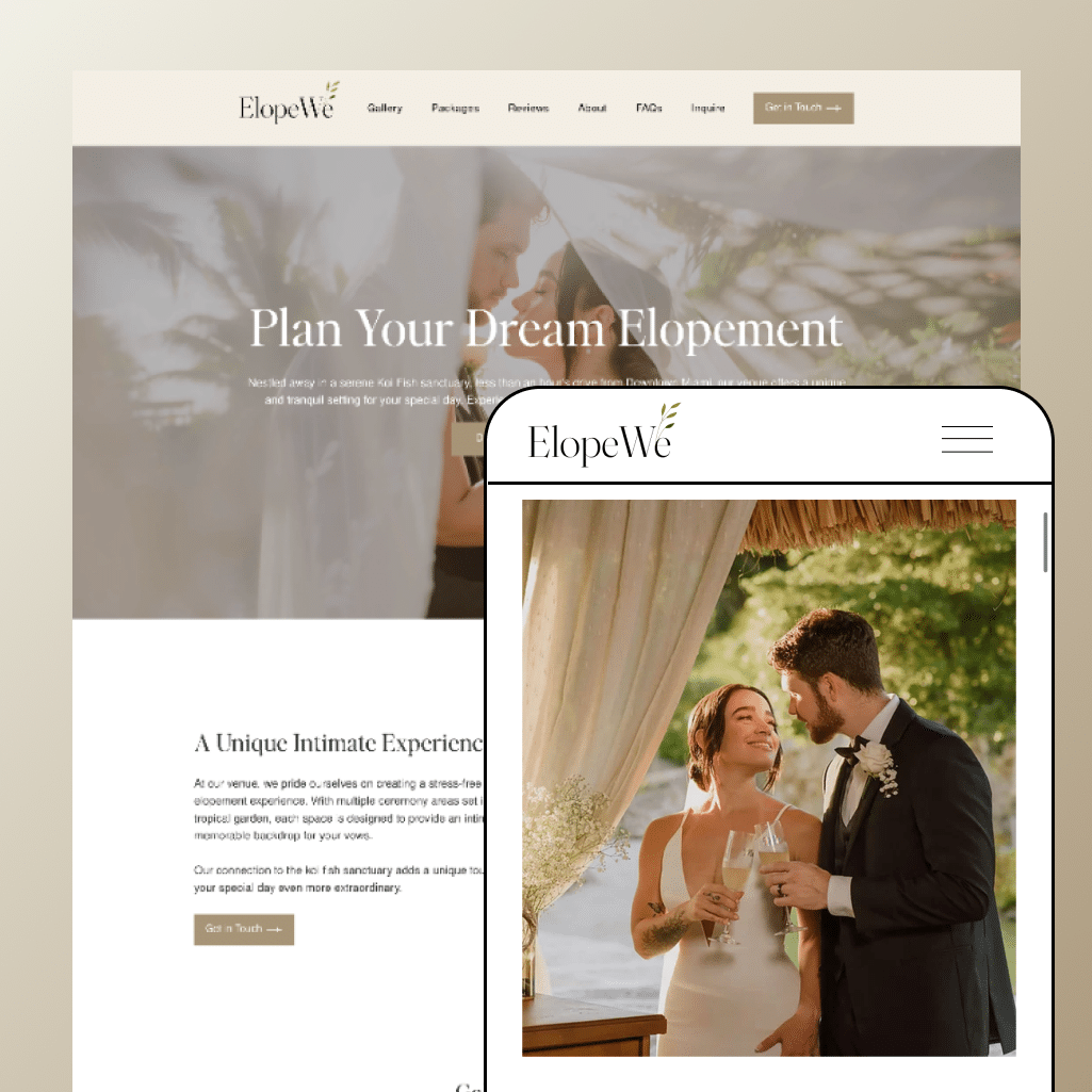 A website and mobile view image for "ElopeWe." The website has a couple with champagne and greenery in the background. The text promotes planning elopements and unique experiences. The layout is clean with a beige color scheme.