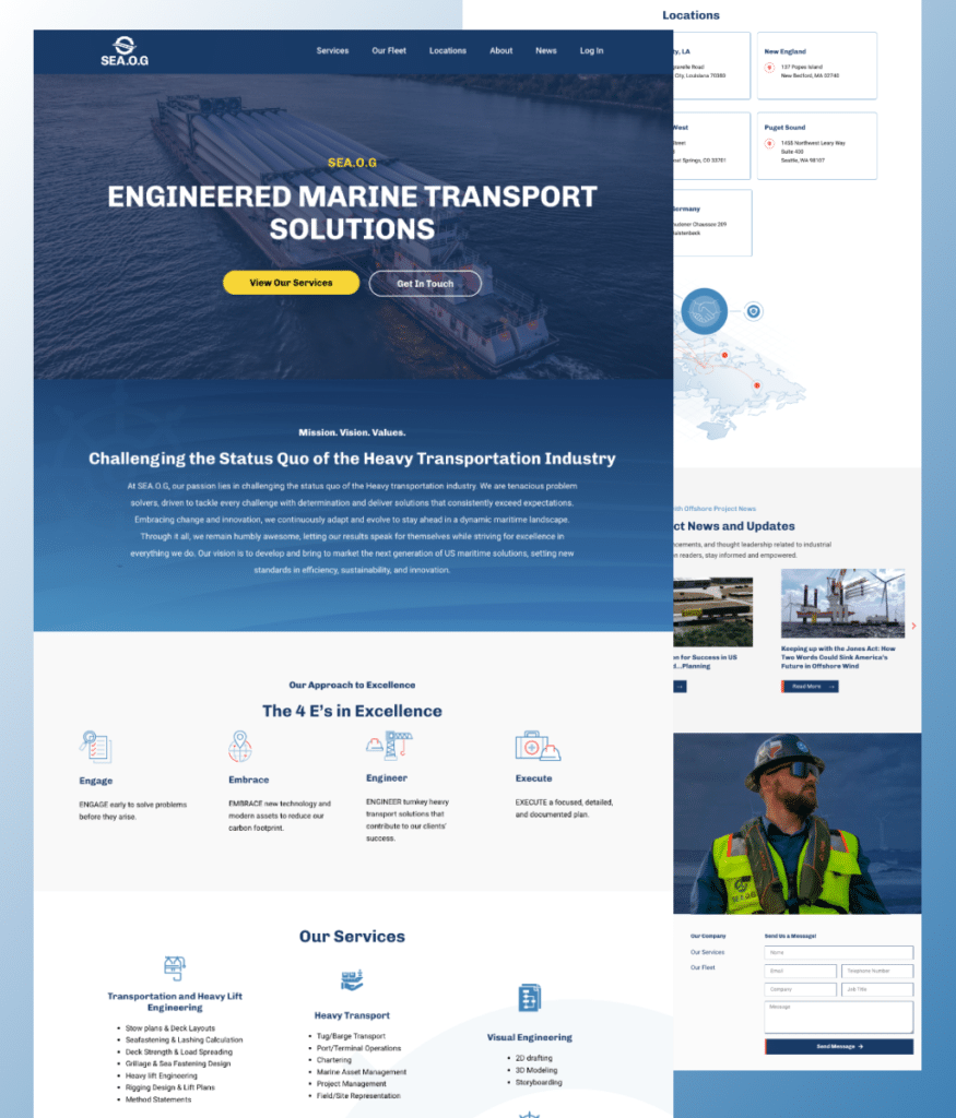 Screenshot of a website homepage for SEAO.G, featuring engineered marine transport solutions. Includes a header, mission statement, visual elements like maps and images, service descriptions, locations, recent news, and an image of a worker wearing safety gear.