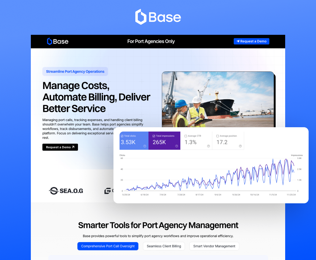 A screenshot of a website for Base, showcasing tools for port agency management. Includes a header for managing costs and automating billing, an illustrative image of a cargo ship, a line graph, and buttons for requesting a demo.